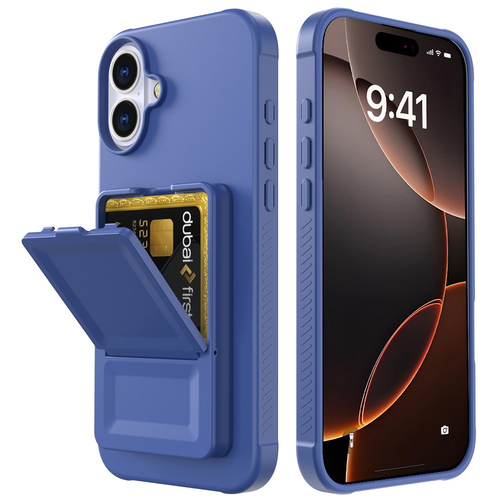 EIDERWOOD iPhone 16 Fleksibelt Plast Deksel med Kortholder & Innebygd Speil – Blå