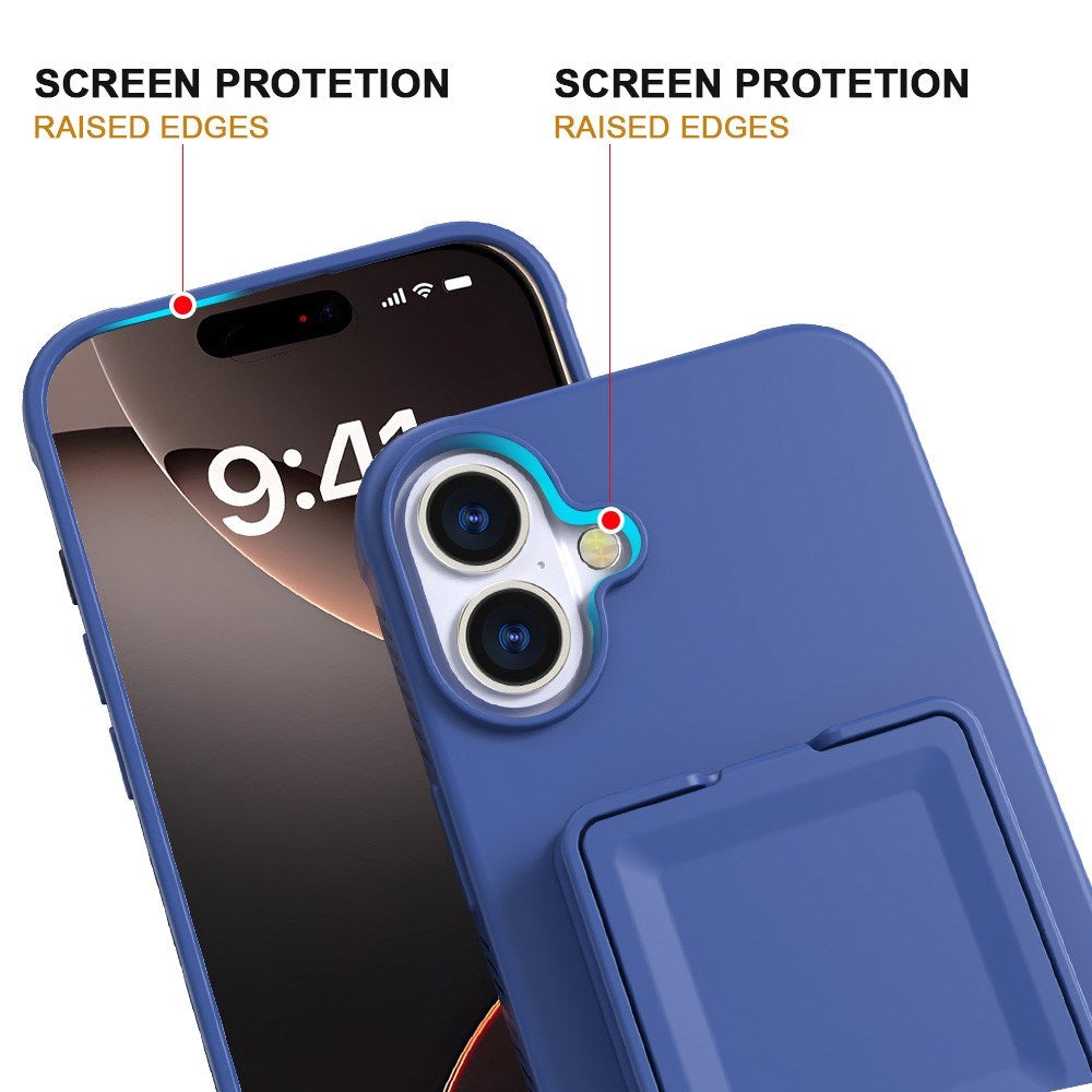 EIDERWOOD iPhone 16 Fleksibelt Plast Deksel med Kortholder & Innebygd Speil – Blå