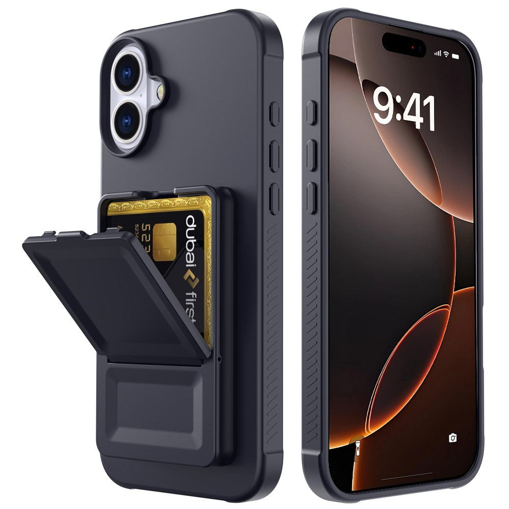 EIDERWOOD iPhone 16 Fleksibelt Plast Deksel med Kortholder & Innebygd Speil – Svart