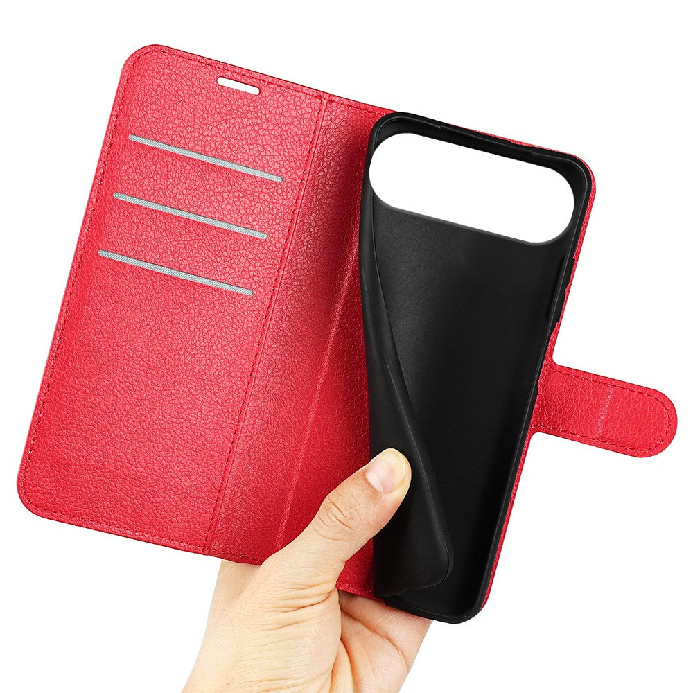 EIDERWOOD iPhone Air Litchi Flip Deksel med Innebygd Kortholder & Stativfunksjon – Rød