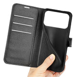 EIDERWOOD iPhone 17 Pro Litchi Flip Deksel med Innebygd Kortholder & Stativfunksjon – Svart