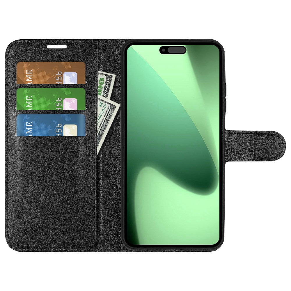 EIDERWOOD iPhone 17 Pro Litchi Flip Deksel med Innebygd Kortholder & Stativfunksjon – Svart