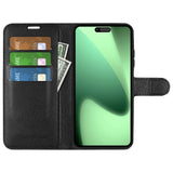 EIDERWOOD iPhone 17 Pro Litchi Flip Deksel med Innebygd Kortholder & Stativfunksjon – Svart