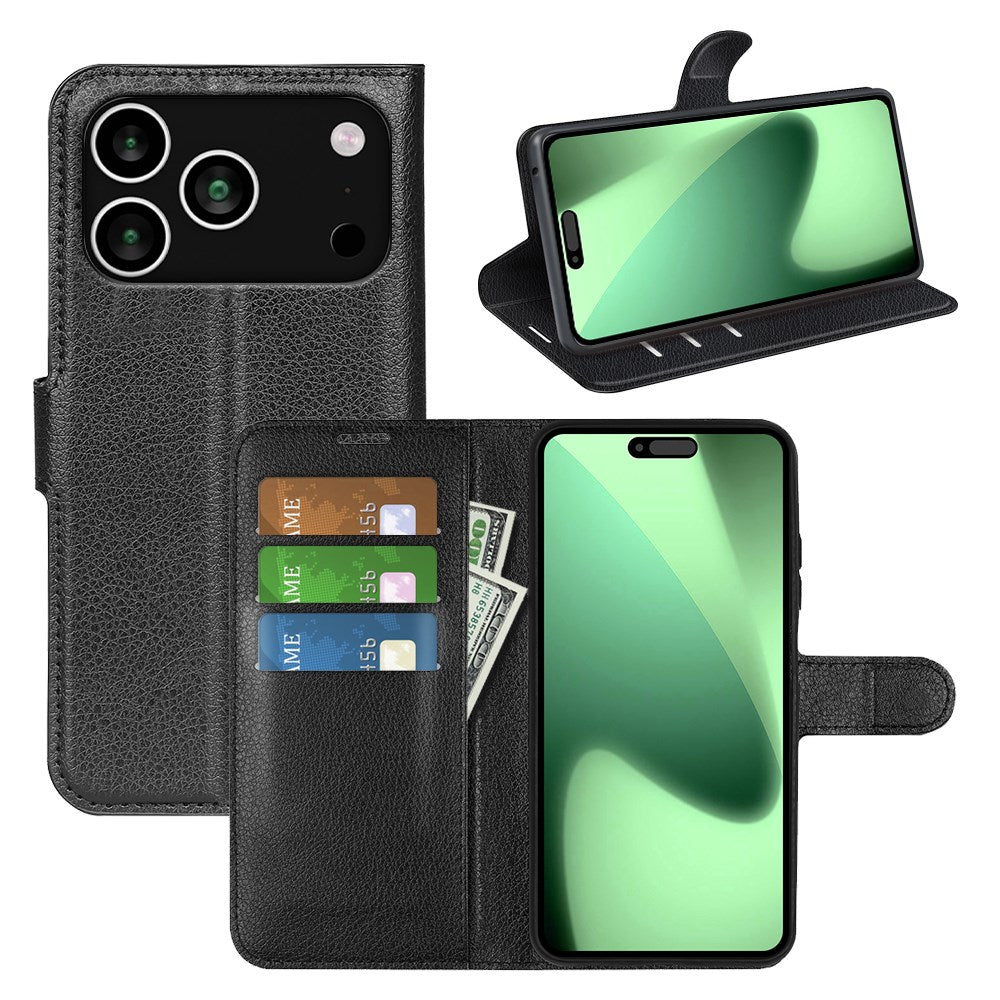 EIDERWOOD iPhone 17 Pro Litchi Flip Deksel med Innebygd Kortholder & Stativfunksjon – Svart