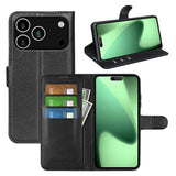 EIDERWOOD iPhone 17 Pro Litchi Flip Deksel med Innebygd Kortholder & Stativfunksjon – Svart