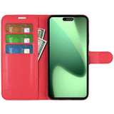 EIDERWOOD iPhone 17 Pro Litchi Flip Deksel med Innebygd Kortholder & Stativfunksjon – Rød