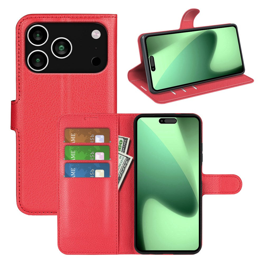 EIDERWOOD iPhone 17 Pro Litchi Flip Deksel med Innebygd Kortholder & Stativfunksjon – Rød