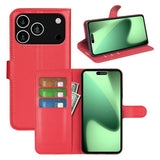 EIDERWOOD iPhone 17 Pro Litchi Flip Deksel med Innebygd Kortholder & Stativfunksjon – Rød