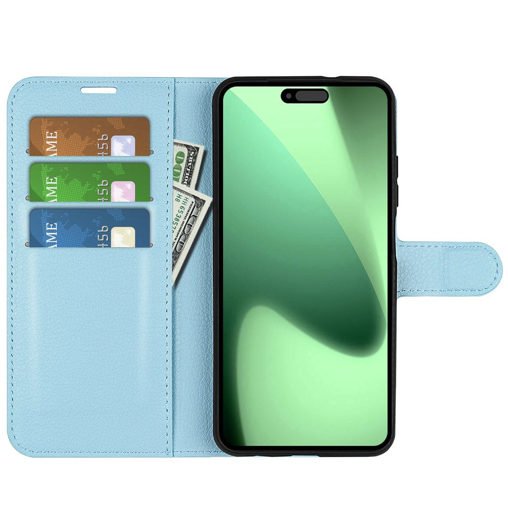 EIDERWOOD iPhone 17 Pro Litchi Flip Deksel med Innebygd Kortholder & Stativfunksjon – Blå