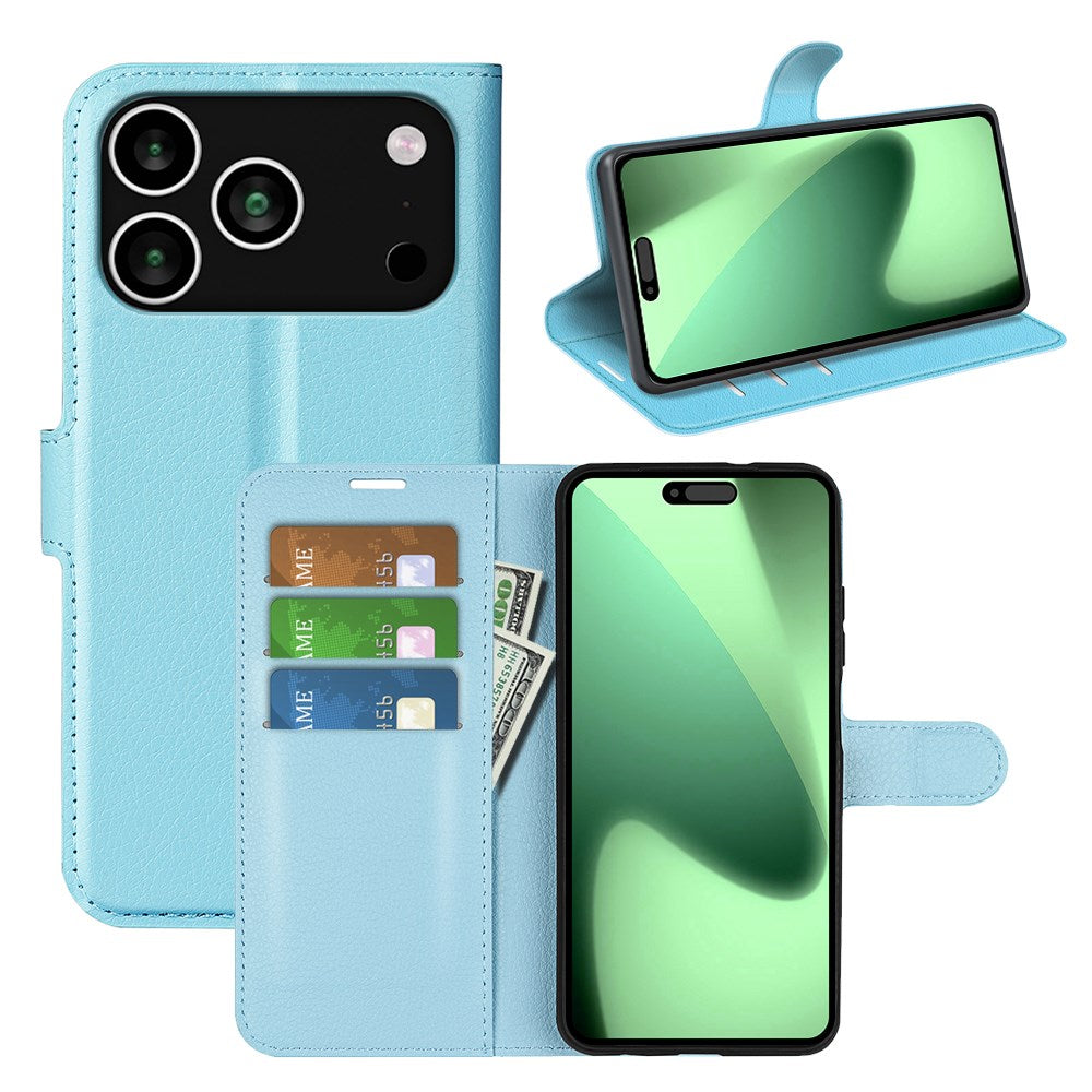 EIDERWOOD iPhone 17 Pro Litchi Flip Deksel med Innebygd Kortholder & Stativfunksjon – Blå