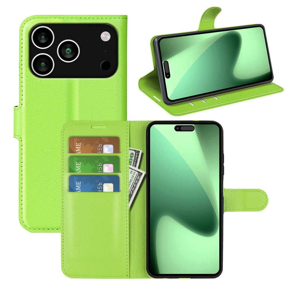 EIDERWOOD iPhone 17 Pro Litchi Flip Deksel med Innebygd Kortholder & Stativfunksjon – Grønn