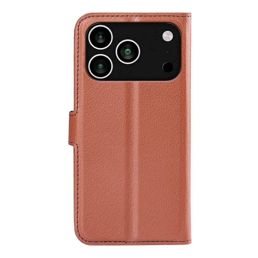 EIDERWOOD iPhone 17 Pro Litchi Flip Deksel med Innebygd Kortholder & Stativfunksjon – Brun