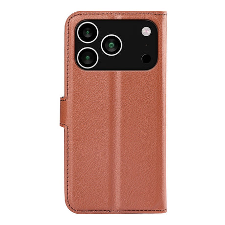 EIDERWOOD iPhone 17 Pro Litchi Flip Deksel med Innebygd Kortholder & Stativfunksjon – Brun
