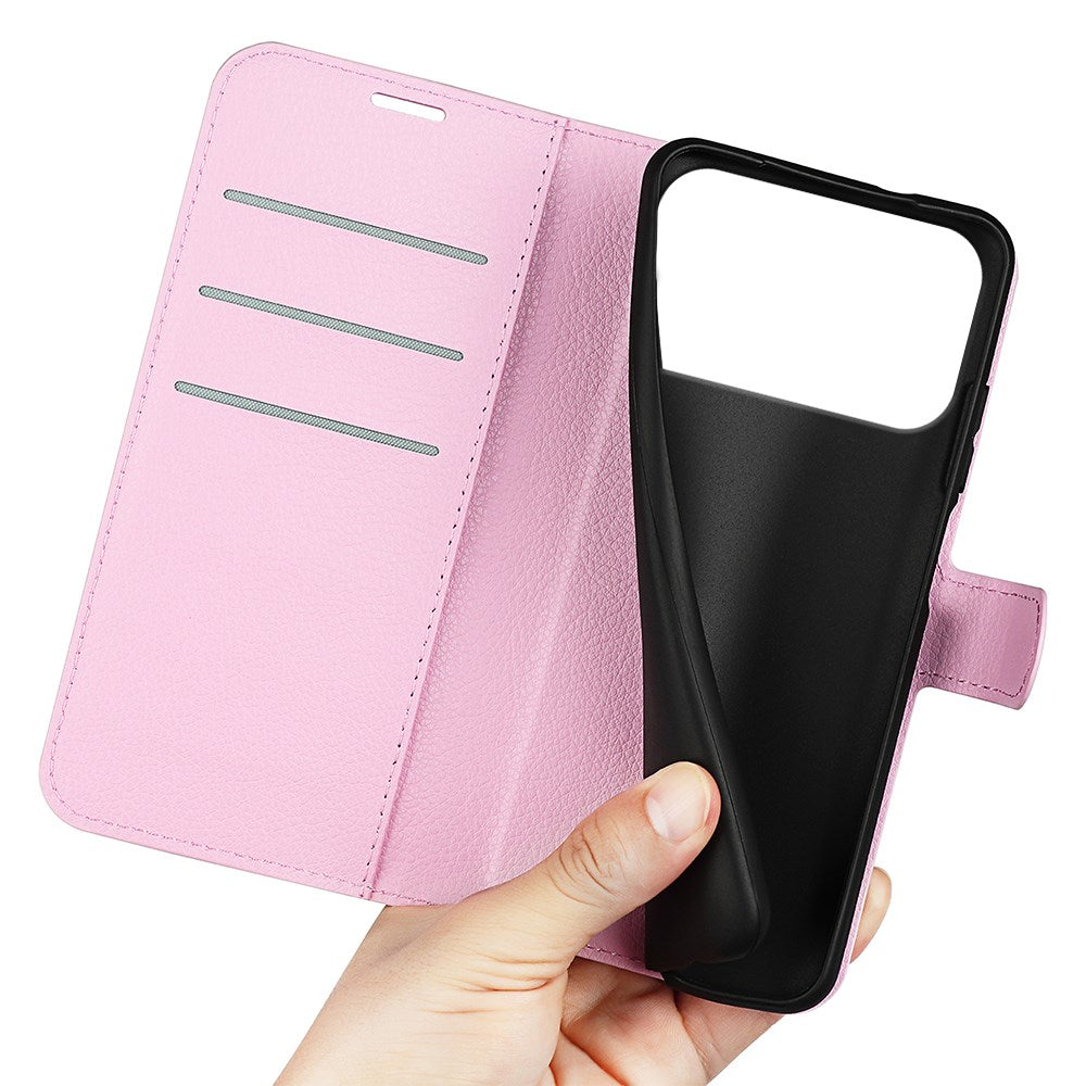 EIDERWOOD iPhone 17 Pro Litchi Flip Deksel med Innebygd Kortholder & Stativfunksjon – Rosa
