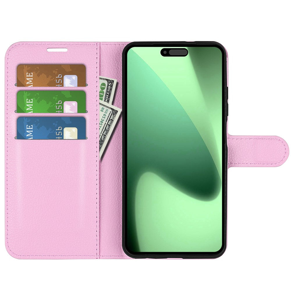 EIDERWOOD iPhone 17 Pro Litchi Flip Deksel med Innebygd Kortholder & Stativfunksjon – Rosa