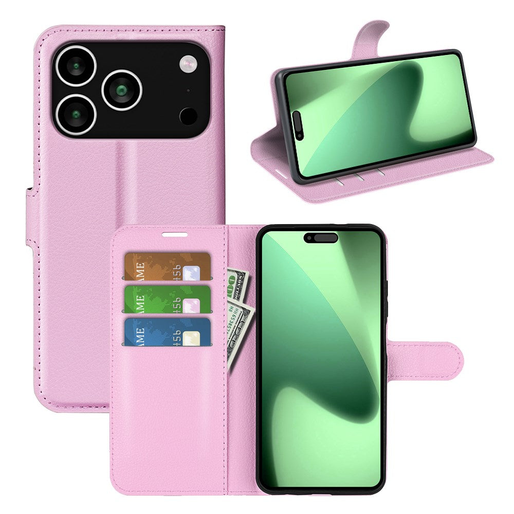 EIDERWOOD iPhone 17 Pro Litchi Flip Deksel med Innebygd Kortholder & Stativfunksjon – Rosa