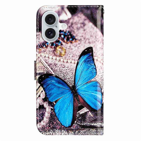 EIDERWOOD iPhone 17 Kunstskinn Flip Deksel med Lommebok & Stropp – Blå Sommerfugl