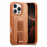iPhone 16 Pro Hard Plast Deksel m. Kunstskinn Bakside & Fingerrem - MagSafe Kompatibel - Brun