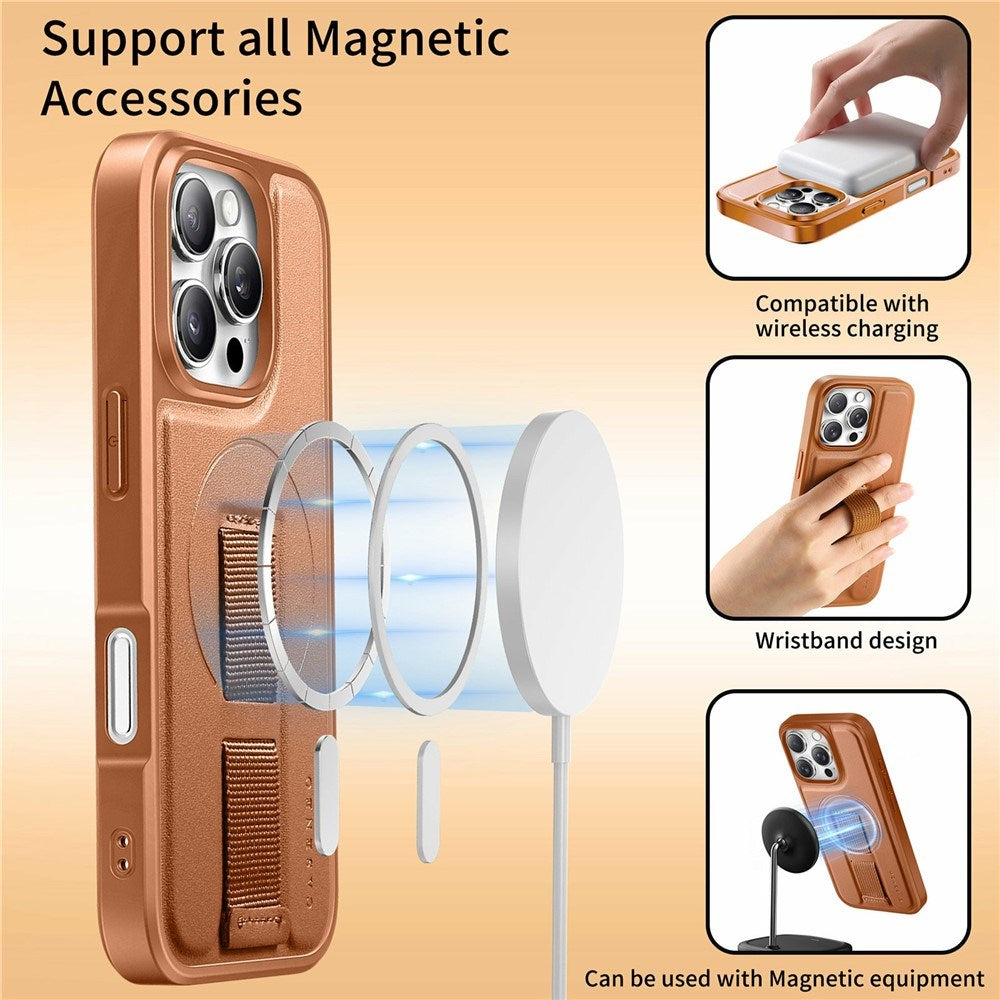 iPhone 16 Pro Hard Plast Deksel m. Kunstskinn Bakside & Fingerrem - MagSafe Kompatibel - Brun