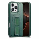 iPhone 16 Pro Hard Plast Deksel m. Kunstskinn Bakside & Fingerrem - MagSafe Kompatibel - Grønn