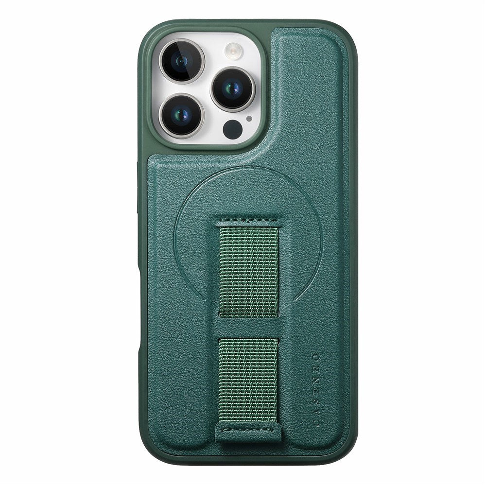 iPhone 16 Pro Hard Plast Deksel m. Kunstskinn Bakside & Fingerrem - MagSafe Kompatibel - Grønn