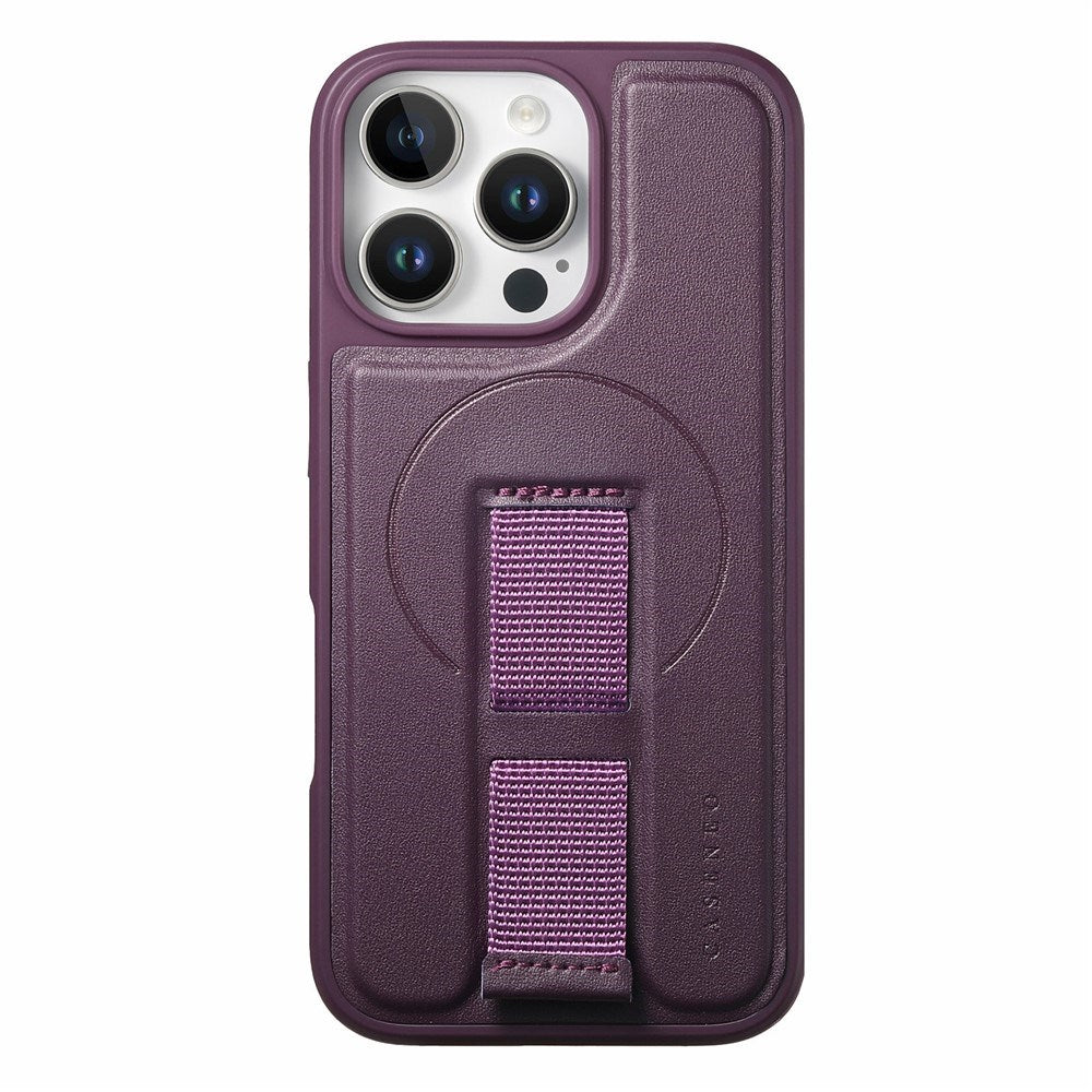 iPhone 16 Pro Hard Plast Deksel m. Kunstskinn Bakside & Fingerrem - MagSafe Kompatibel - Lilla