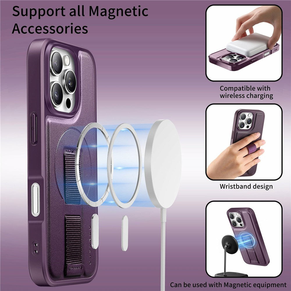 iPhone 16 Pro Hard Plast Deksel m. Kunstskinn Bakside & Fingerrem - MagSafe Kompatibel - Lilla