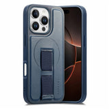 iPhone 16 Pro Hard Plast Deksel m. Kunstskinn Bakside & Fingerrem - MagSafe Kompatibel - Blå