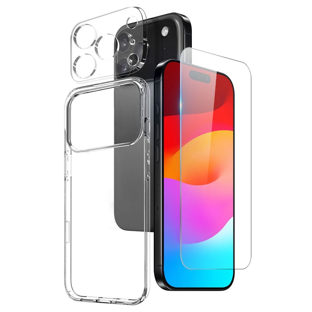 NORTHJO iPhone 17 Pro 3-i-1 Beskyttelsessett m. Fleksibelt Plast Deksel / Herdet Skjermbeskyttelsesglass / Kameralinsebeskytterglass - Gjennomsiktig