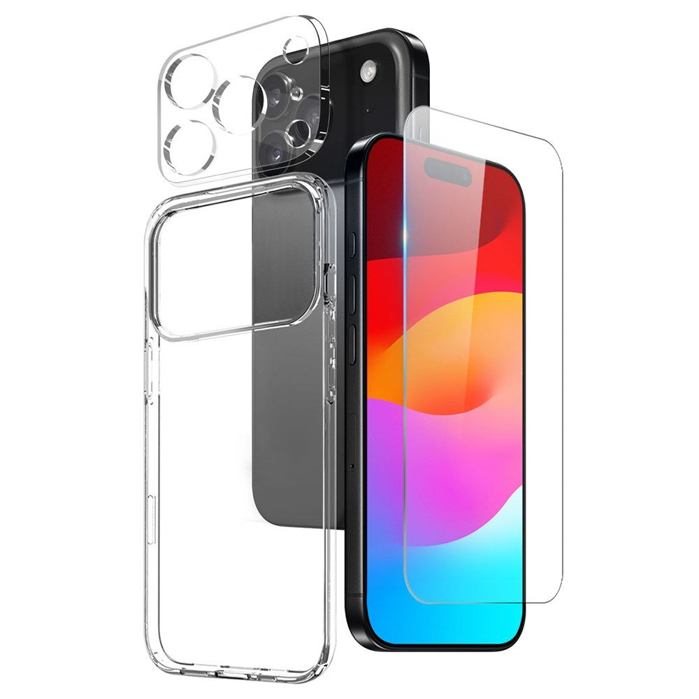 NORTHJO iPhone 17 Pro Max 3-i-1 Beskyttelsessett m. Fleksibelt Plast Deksel / Herdet Skjermbeskyttelsesglass / Kameralinsebeskytterglass - Gjennomsiktig