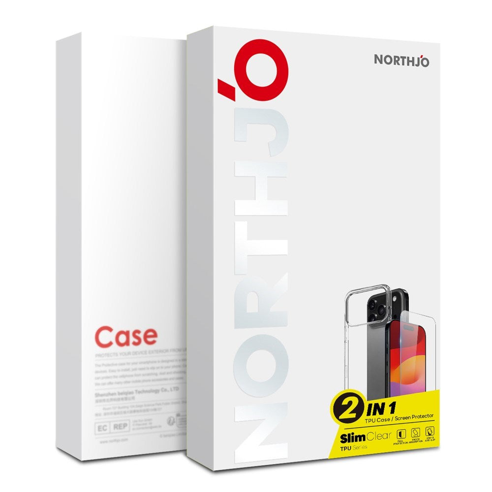 NORTHJO iPhone 17 Pro Max 2-i-1 Beskyttelsessett m. Fleksibelt Plast Deksel & Herdet Skjermbeskyttelsesglass - Gjennomsiktig