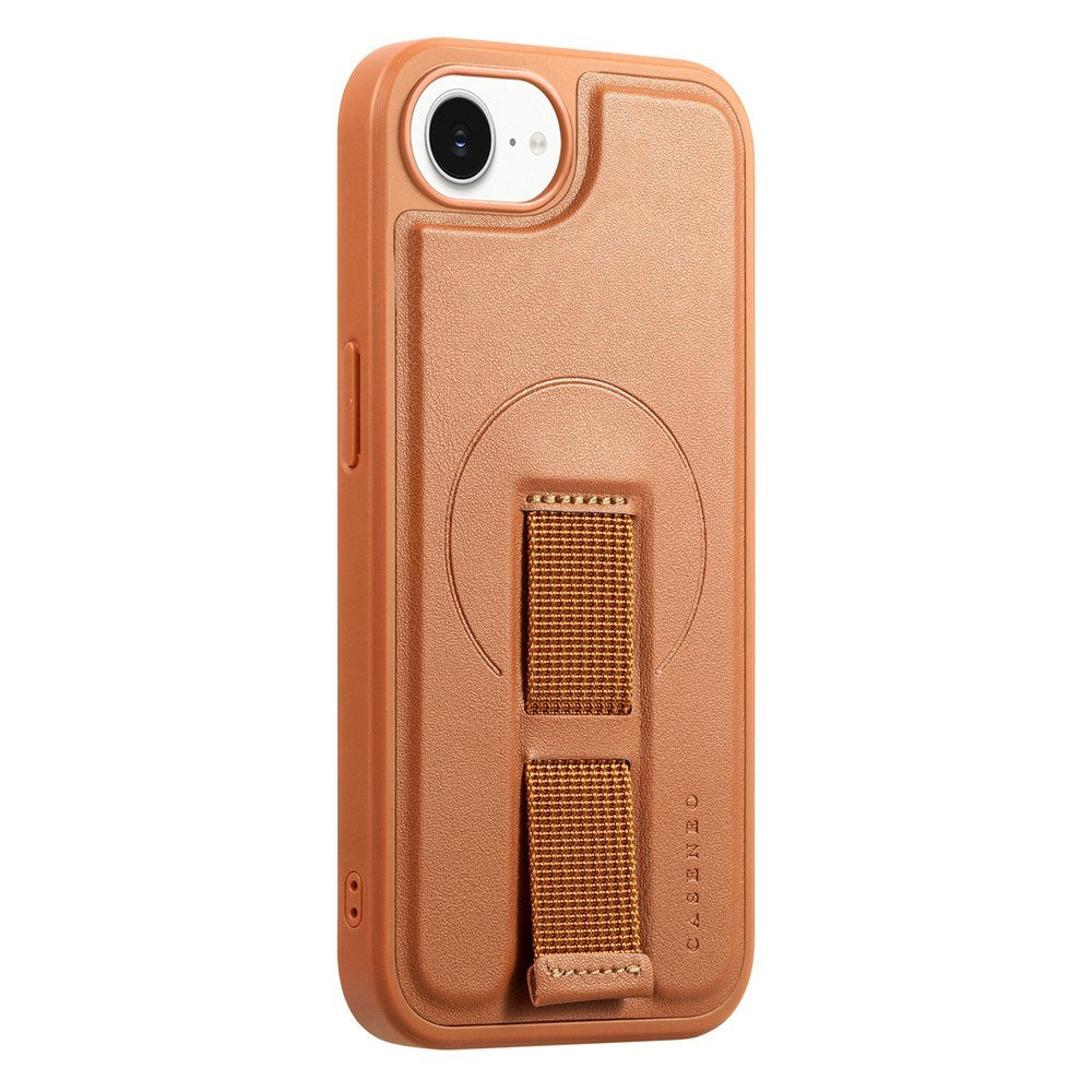 iPhone 17e / 16e Hard Plast Deksel m. Kunstskinn Bakside & Fingerrem - MagSafe Kompatibel - Brun