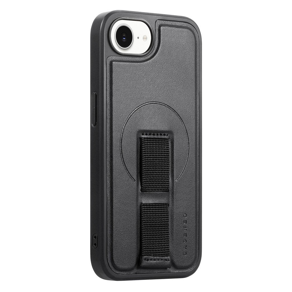 iPhone 17e / 16e Hard Plast Deksel m. Kunstskinn Bakside & Fingerrem - MagSafe Kompatibel - Svart