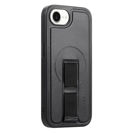 iPhone 17e / 16e Hard Plast Deksel m. Kunstskinn Bakside & Fingerrem - MagSafe Kompatibel - Svart