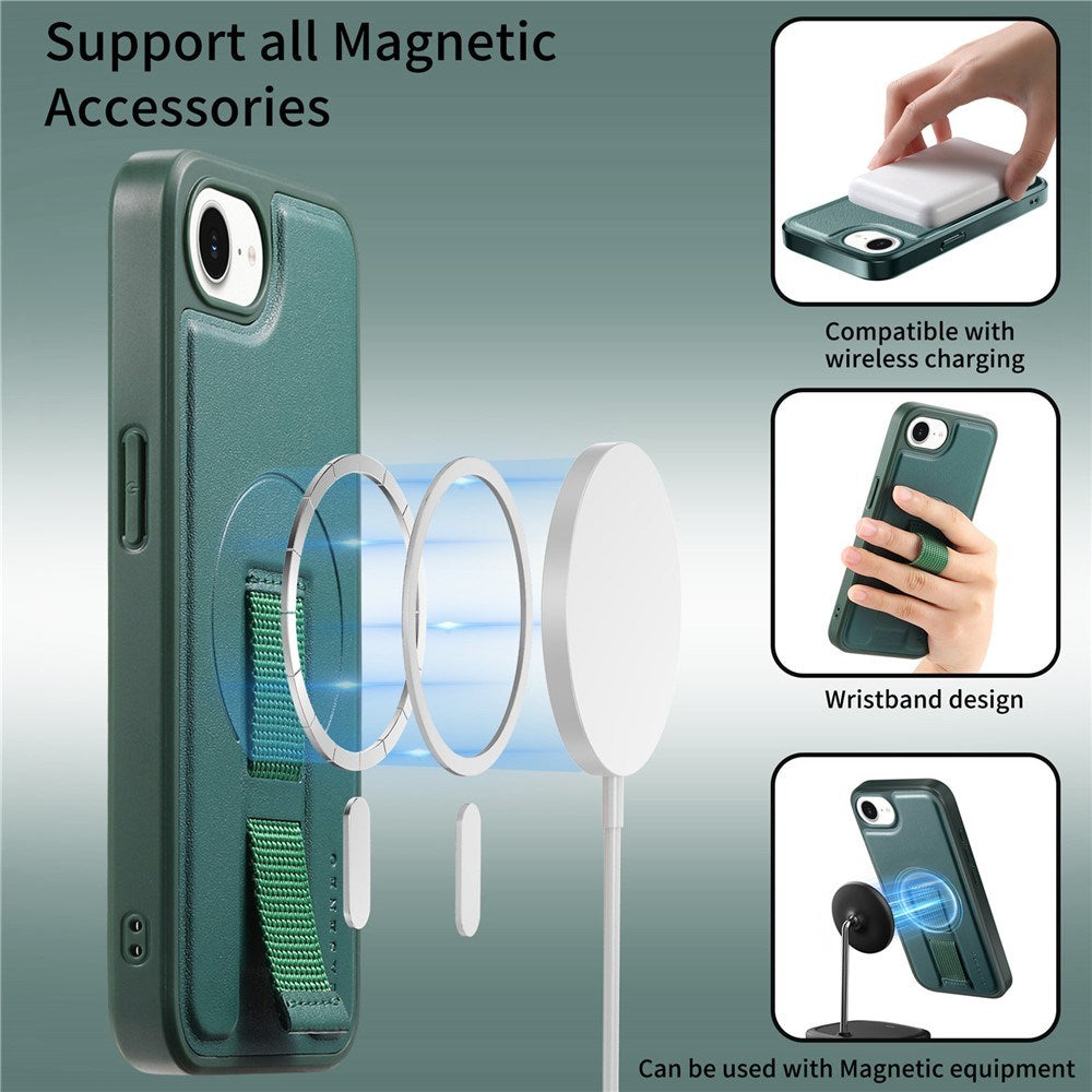 iPhone 17e / 16e Hard Plast Deksel m. Kunstskinn Bakside & Fingerrem - MagSafe Kompatibel - Grønn