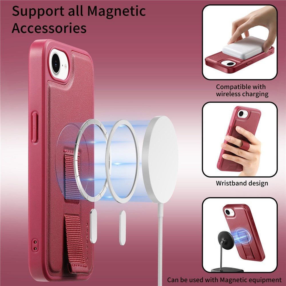 iPhone 17e / 16e Hard Plast Deksel m. Kunstskinn Bakside & Fingerrem - MagSafe Kompatibel - Rød