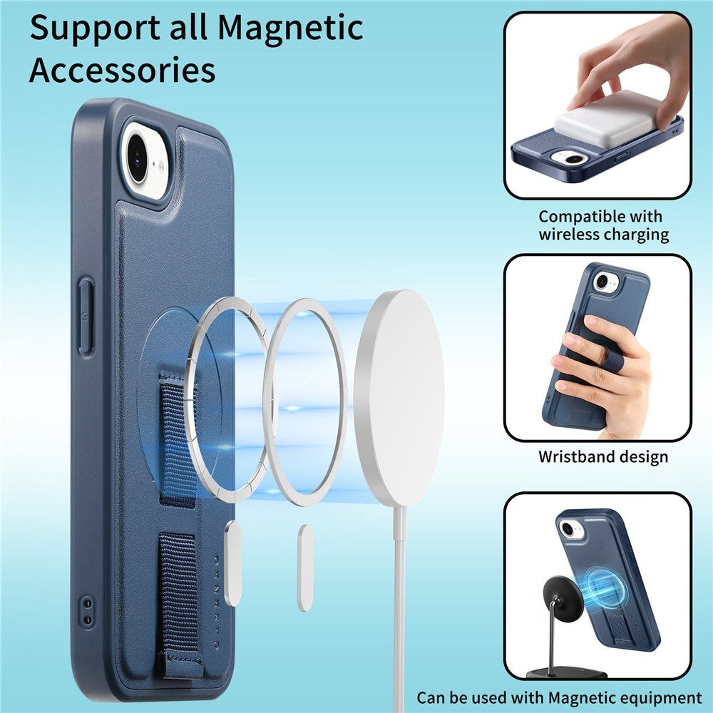 iPhone 17e / 16e Hard Plast Deksel m. Kunstskinn Bakside & Fingerrem - MagSafe Kompatibel - Blå