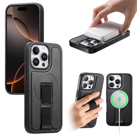 iPhone 13 Pro Hard Plast Deksel m. Kunstskinn Bakside & Fingerrem - MagSafe Kompatibel - Svart