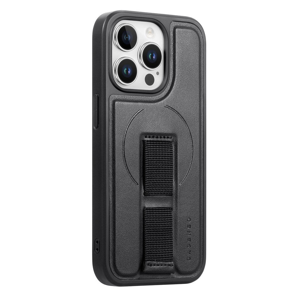iPhone 13 Pro Hard Plast Deksel m. Kunstskinn Bakside & Fingerrem - MagSafe Kompatibel - Svart
