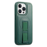 iPhone 13 Pro Hard Plast Deksel m. Kunstskinn Bakside & Fingerrem - MagSafe Kompatibel - Grønn
