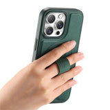 iPhone 13 Pro Hard Plast Deksel m. Kunstskinn Bakside & Fingerrem - MagSafe Kompatibel - Grønn