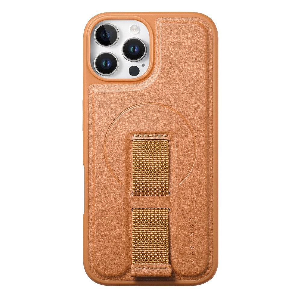 iPhone 12 / 12 Pro Hard Plast Deksel m. Kunstskinn Bakside & Fingerrem - MagSafe Kompatibel - Brun
