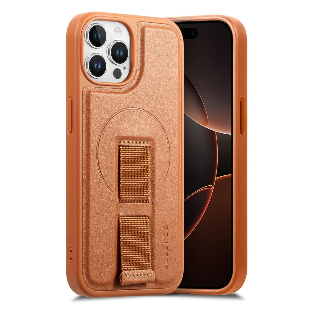 iPhone 12 / 12 Pro Hard Plast Deksel m. Kunstskinn Bakside & Fingerrem - MagSafe Kompatibel - Brun