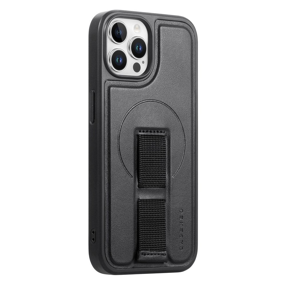 iPhone 12 / 12 Pro Hard Plast Deksel m. Kunstskinn Bakside & Fingerrem - MagSafe Kompatibel - Svart