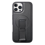 iPhone 12 / 12 Pro Hard Plast Deksel m. Kunstskinn Bakside & Fingerrem - MagSafe Kompatibel - Svart