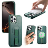 iPhone 12 / 12 Pro Hard Plast Deksel m. Kunstskinn Bakside & Fingerrem - MagSafe Kompatibel - Grønn