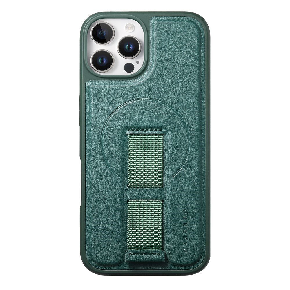 iPhone 12 / 12 Pro Hard Plast Deksel m. Kunstskinn Bakside & Fingerrem - MagSafe Kompatibel - Grønn