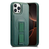 iPhone 12 / 12 Pro Hard Plast Deksel m. Kunstskinn Bakside & Fingerrem - MagSafe Kompatibel - Grønn