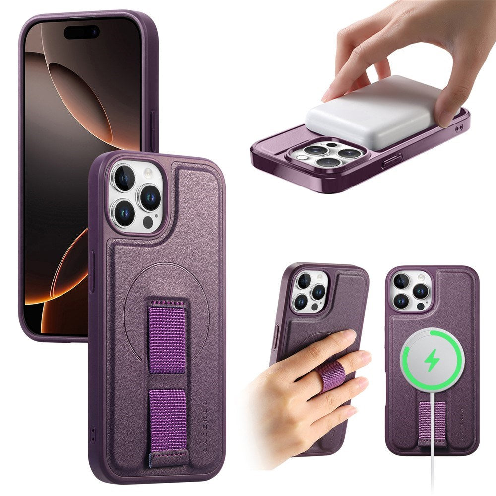 iPhone 12 / 12 Pro Hard Plast Deksel m. Kunstskinn Bakside & Fingerrem - MagSafe Kompatibel - Lilla