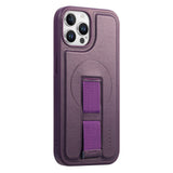 iPhone 12 / 12 Pro Hard Plast Deksel m. Kunstskinn Bakside & Fingerrem - MagSafe Kompatibel - Lilla
